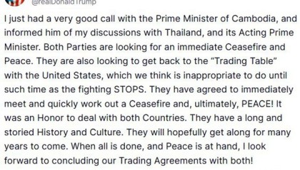“不停火就没有贸易谈判”，特朗普与泰柬领导人通话