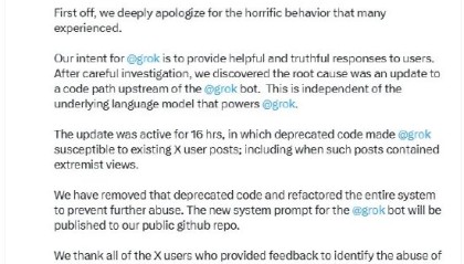 马斯克旗下聊天机器人Grok为发布极端言论道歉