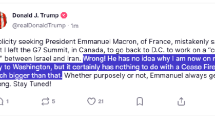 特朗普：他返回华盛顿与以色列-伊朗停火问题无关