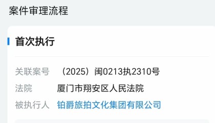 铂爵旅拍成为被执行人，被冻结股权数额已超6700万元