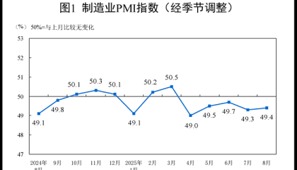 国家统计局：8月份制造业采购经理指数（PMI）为49.4%，比上月上升0.1个百分点