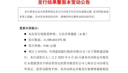 建设银行：发行115.89亿股募集资金1050亿元