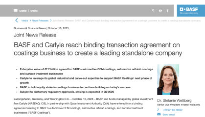 估值635亿，化工巨头巴斯夫卖掉了涂料业务