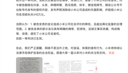 侮辱雷军、小米，一博主被判道歉并赔6万元