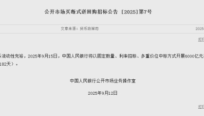 央行将于9月15日开展6000亿元买断式逆回购操作
