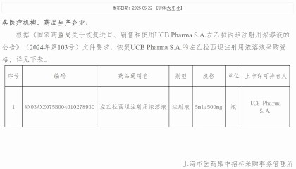 知名进口癫痫药恢复采购资格，此前已被转手